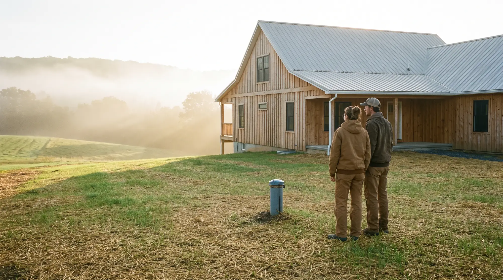 AI-generated illustration of a young couple standing in a freshly seeded yard looking at their newly built farmhouse, a capped steel well casing in the grass beside them