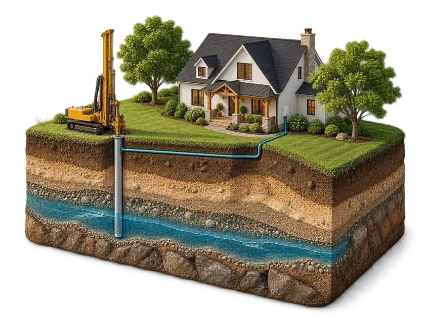 Illustrated home connected to a well and groundwater supply